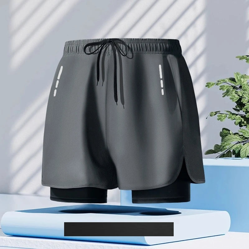 Swimming trunks double-layer men's anti-embarrassment enlarged flat-angle quick-drying beach shorts fitness swimming trunks