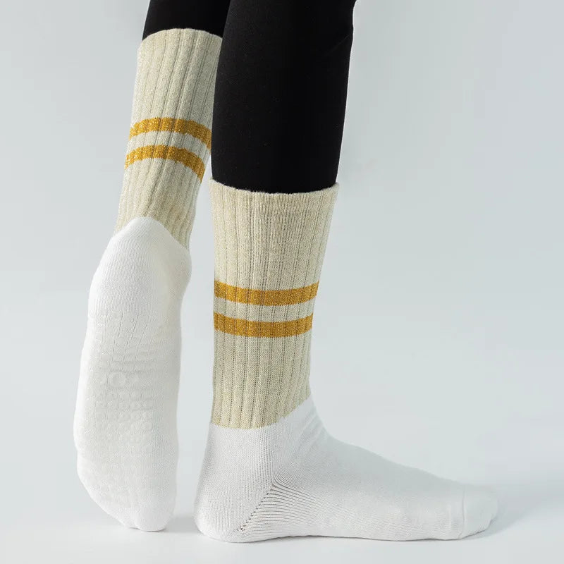 Yoga Socks with Grips Non Slip Middle Calf Golden Silver Silk Breathable Cotton Pilates Dance Fitness Sports Socks Outdoor