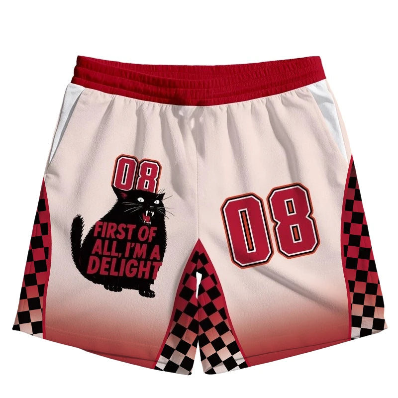 Retro Racing Style Checkerboard Aggressive Black Cat3D Print Simple Casual Sports Breathable Training Men and Women Daily Shorts