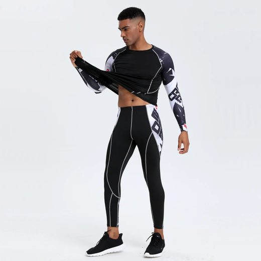 Men's PRO Sports Fitness Suit: Quick-Drying Long-Sleeved T-Shirt & Super Elastic Compression Pants for Running, Training
