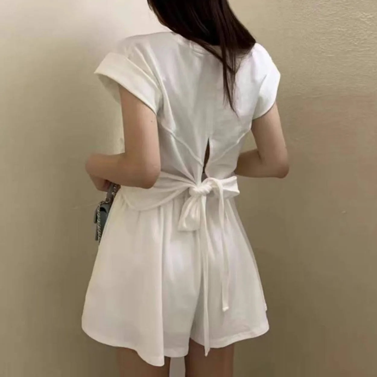 Chic Summer Women's T-Shirt And Wide Leg Shorts Two Piece Set Strap Design Short Sleeve round Neck Drawstring Top Bottom