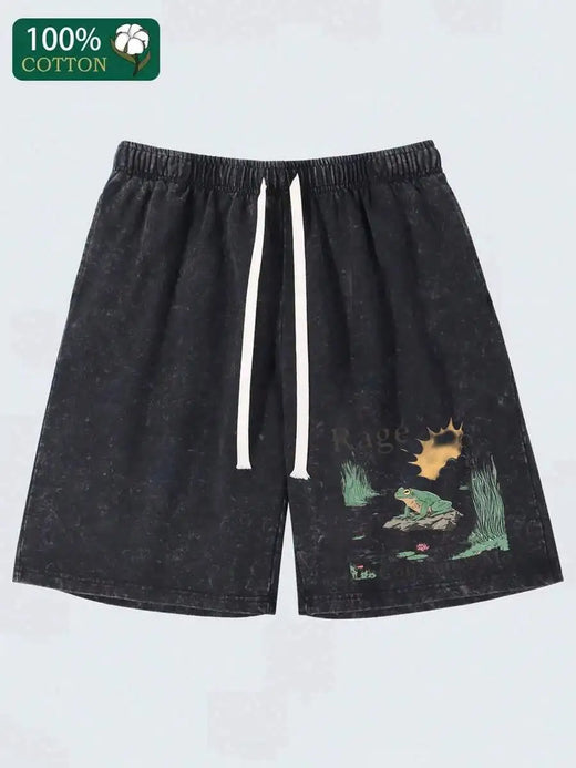 Mens Gray Cotton Loose Fit Shorts With Elastic Waist And Pocket