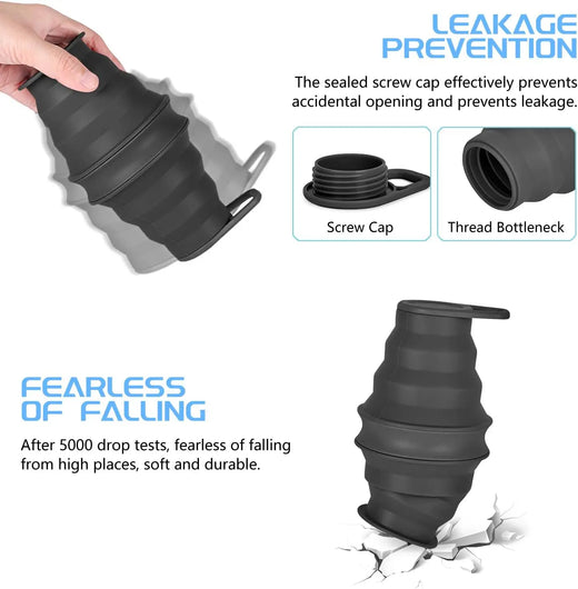 17oz Collapsible Water Bottle, BPA Free Silicone Foldable Bottle for Travel Gym Camping Hiking, Leak Proof with Carabiner