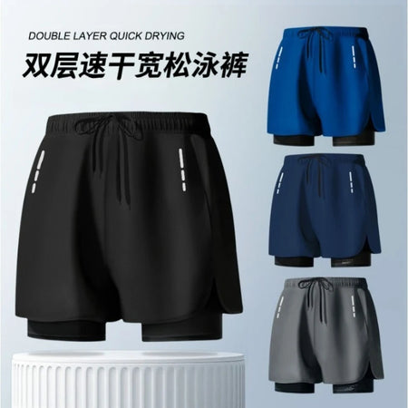 Swimming trunks double-layer men's anti-embarrassment enlarged flat-angle quick-drying beach shorts fitness swimming trunks