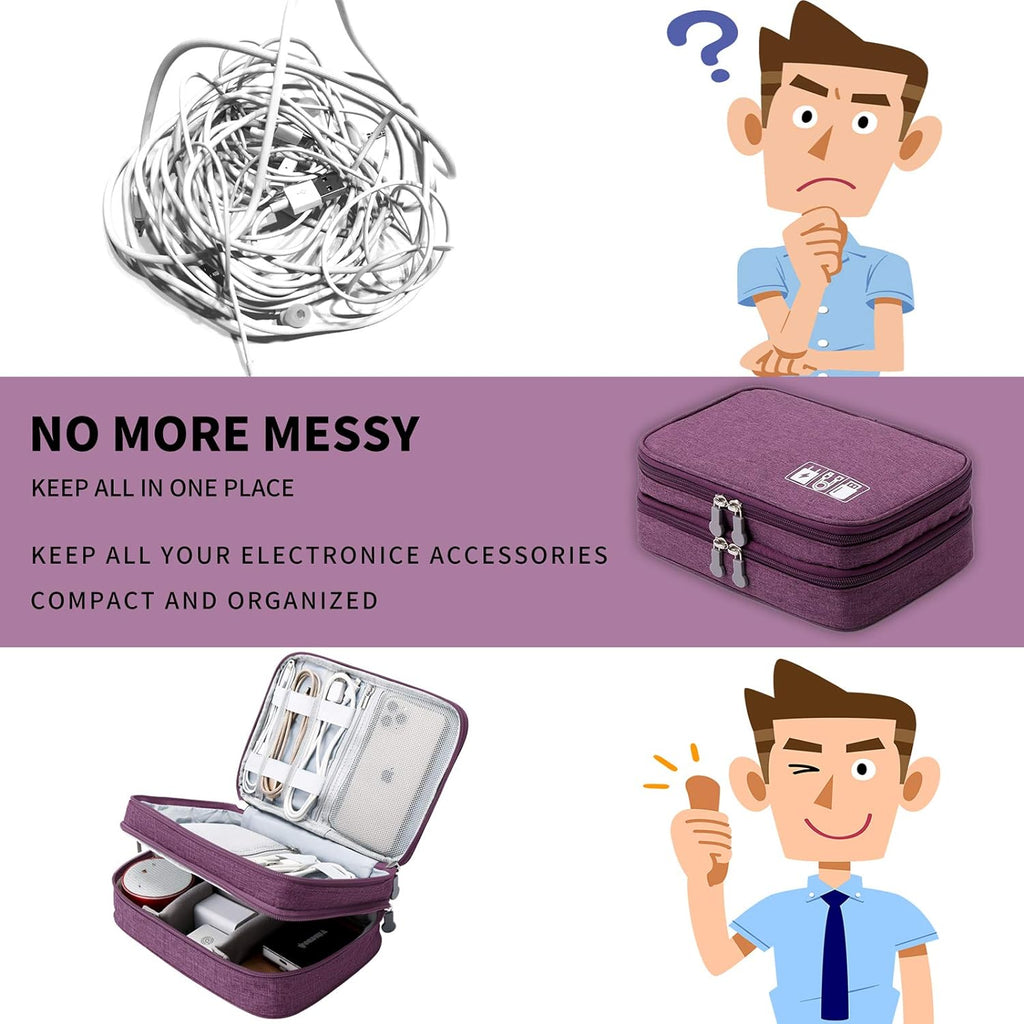 Travel Cable Organizer Bag, Electronic Accessories Case Portable Double Layer Cable Storage Bag for Cord, Charger, Flash Drive, Phone, SD Card,Personal Items - (Purple)