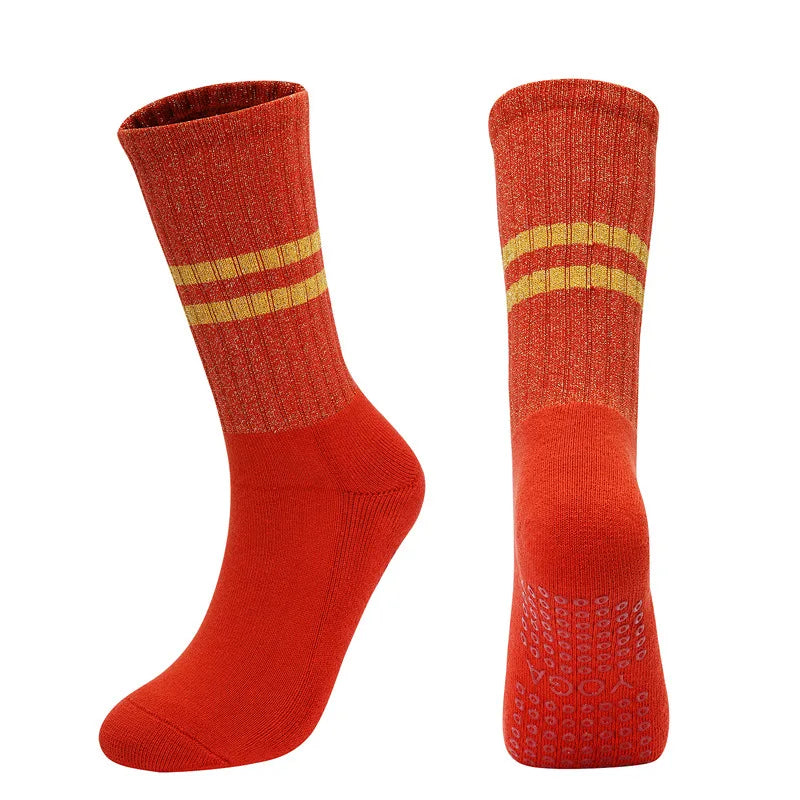 Yoga Socks with Grips Non Slip Middle Calf Golden Silver Silk Breathable Cotton Pilates Dance Fitness Sports Socks Outdoor