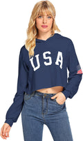 Women'S American Flag Long Sleeve Hoodies Letter Graphic Crop Top Hooded Sweatshirts
