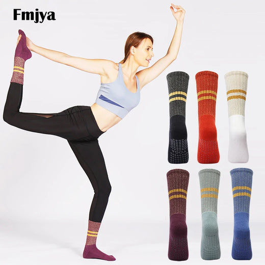 Yoga Socks with Grips Non Slip Middle Calf Golden Silver Silk Breathable Cotton Pilates Dance Fitness Sports Socks Outdoor