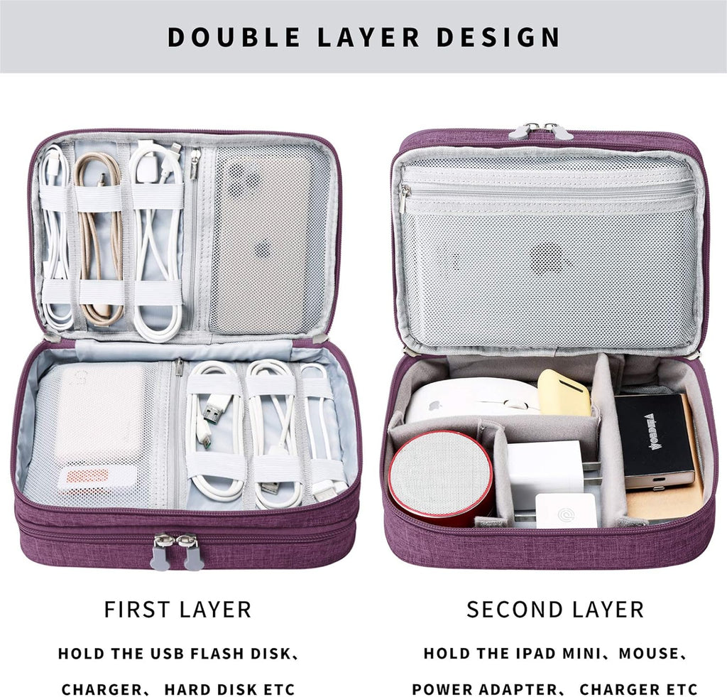 Travel Cable Organizer Bag, Electronic Accessories Case Portable Double Layer Cable Storage Bag for Cord, Charger, Flash Drive, Phone, SD Card,Personal Items - (Purple)