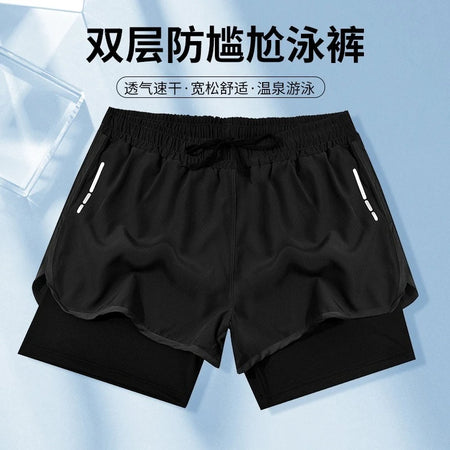 Swimming trunks double-layer men's anti-embarrassment enlarged flat-angle quick-drying beach shorts fitness swimming trunks