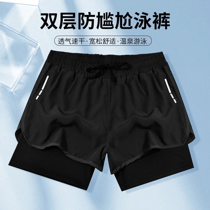 Swimming trunks double-layer men's anti-embarrassment enlarged flat-angle quick-drying beach shorts fitness swimming trunks