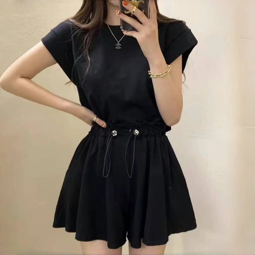 Chic Summer Women's T-Shirt And Wide Leg Shorts Two Piece Set Strap Design Short Sleeve round Neck Drawstring Top Bottom