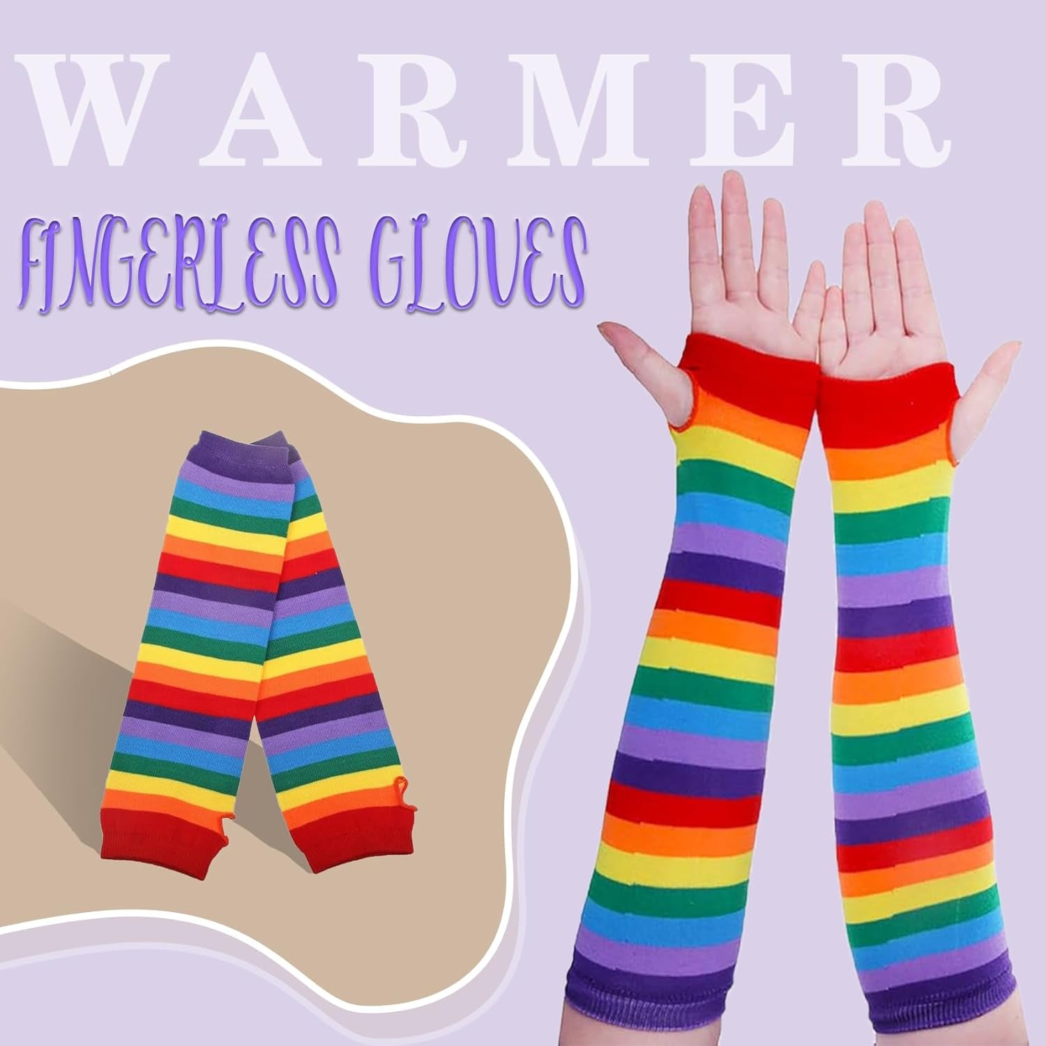 Womens Rainbow Socks, Knee High Socks Arm Warmer Gloves | Soft Breathable Fabric, Stretchy Cuff, Long Tube Fingerless, Colorful Striped, Party Stage Match, Holiday Dress Up