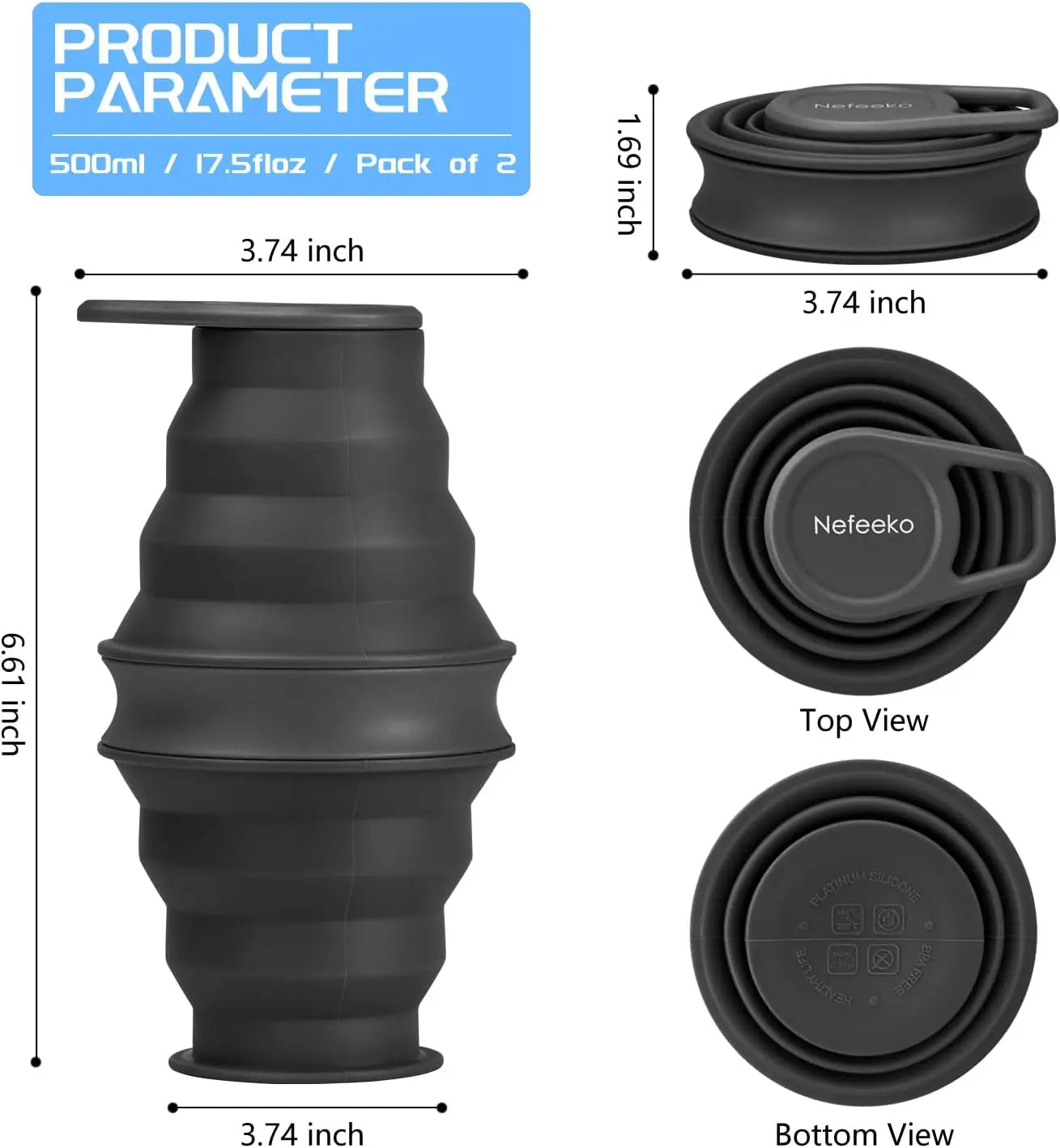 17oz Collapsible Water Bottle, BPA Free Silicone Foldable Bottle for Travel Gym Camping Hiking, Leak Proof with Carabiner