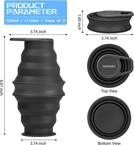 17oz Collapsible Water Bottle, BPA Free Silicone Foldable Bottle for Travel Gym Camping Hiking, Leak Proof with Carabiner