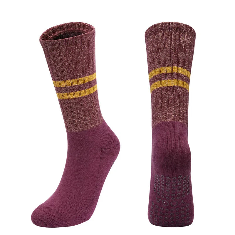 Yoga Socks with Grips Non Slip Middle Calf Golden Silver Silk Breathable Cotton Pilates Dance Fitness Sports Socks Outdoor