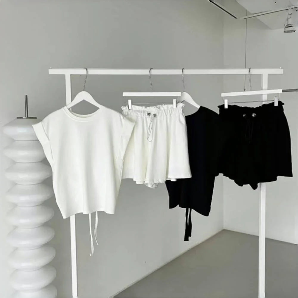 Chic Summer Women's T-Shirt And Wide Leg Shorts Two Piece Set Strap Design Short Sleeve round Neck Drawstring Top Bottom