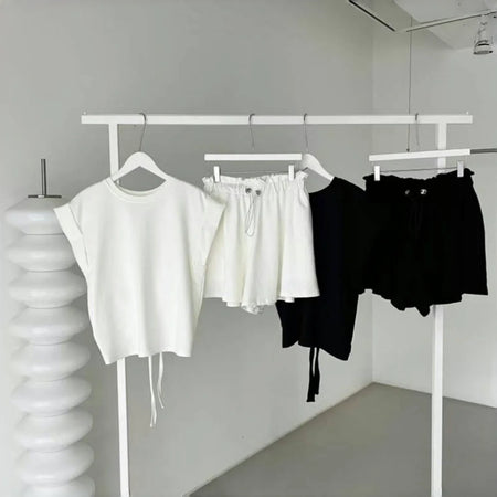 Chic Summer Women's T-Shirt And Wide Leg Shorts Two Piece Set Strap Design Short Sleeve round Neck Drawstring Top Bottom