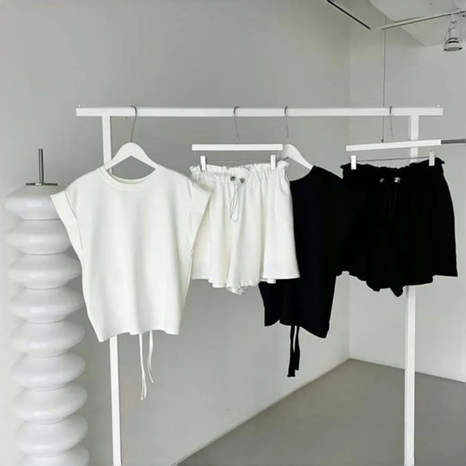 Chic Summer Women's T-Shirt And Wide Leg Shorts Two Piece Set Strap Design Short Sleeve round Neck Drawstring Top Bottom