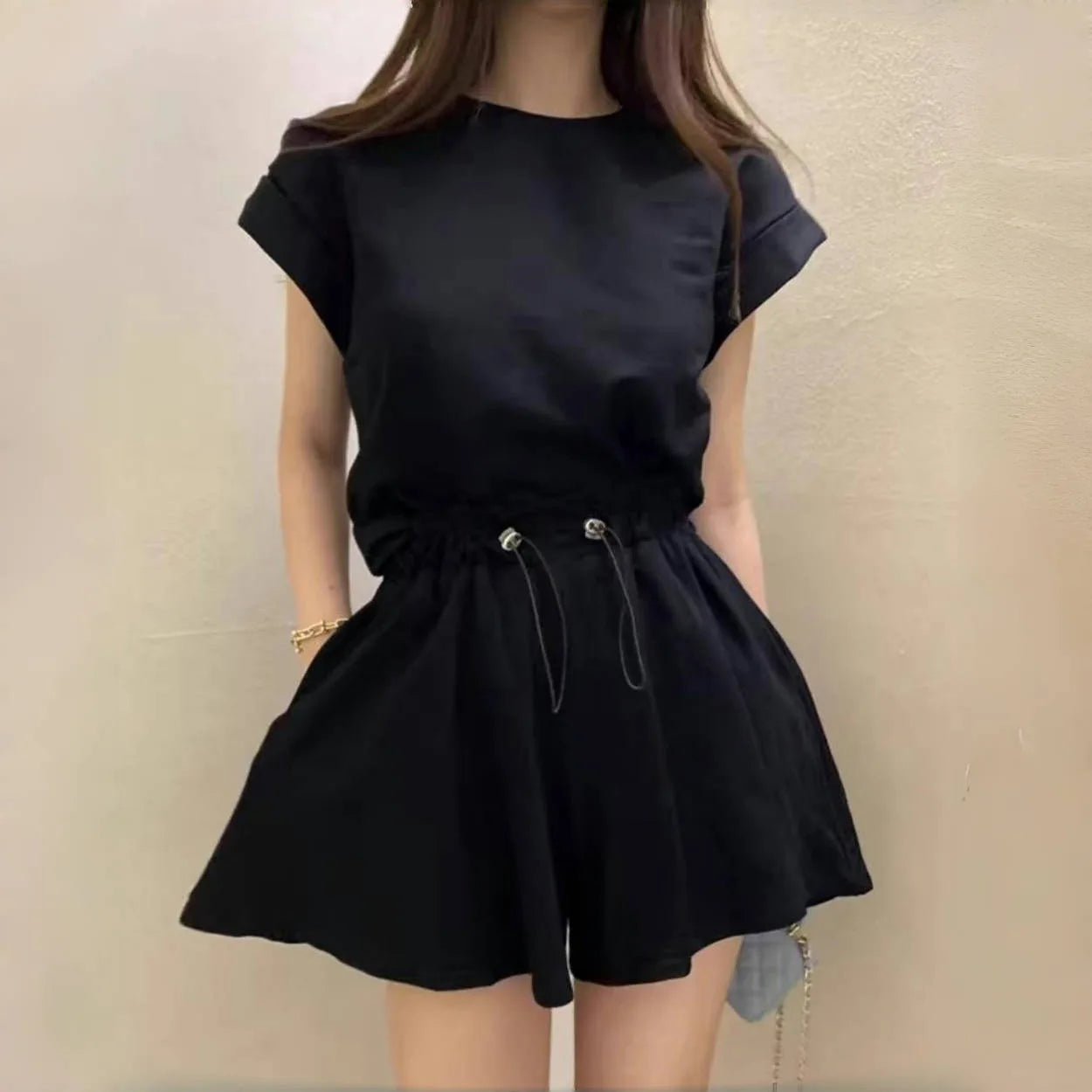 Chic Summer Women's T-Shirt And Wide Leg Shorts Two Piece Set Strap Design Short Sleeve round Neck Drawstring Top Bottom