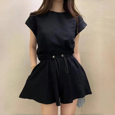 Chic Summer Women's T-Shirt And Wide Leg Shorts Two Piece Set Strap Design Short Sleeve round Neck Drawstring Top Bottom
