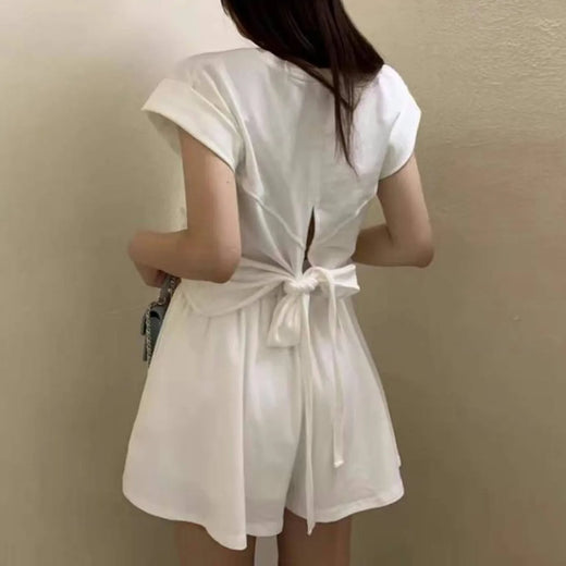 Chic Summer Women's T-Shirt And Wide Leg Shorts Two Piece Set Strap Design Short Sleeve round Neck Drawstring Top Bottom