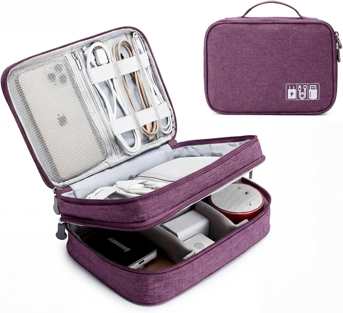 Travel Cable Organizer Bag, Electronic Accessories Case Portable Double Layer Cable Storage Bag for Cord, Charger, Flash Drive, Phone, SD Card,Personal Items - (Purple)
