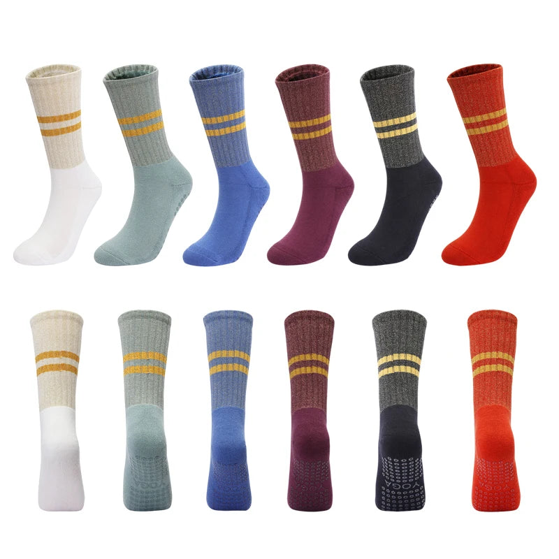 Yoga Socks with Grips Non Slip Middle Calf Golden Silver Silk Breathable Cotton Pilates Dance Fitness Sports Socks Outdoor