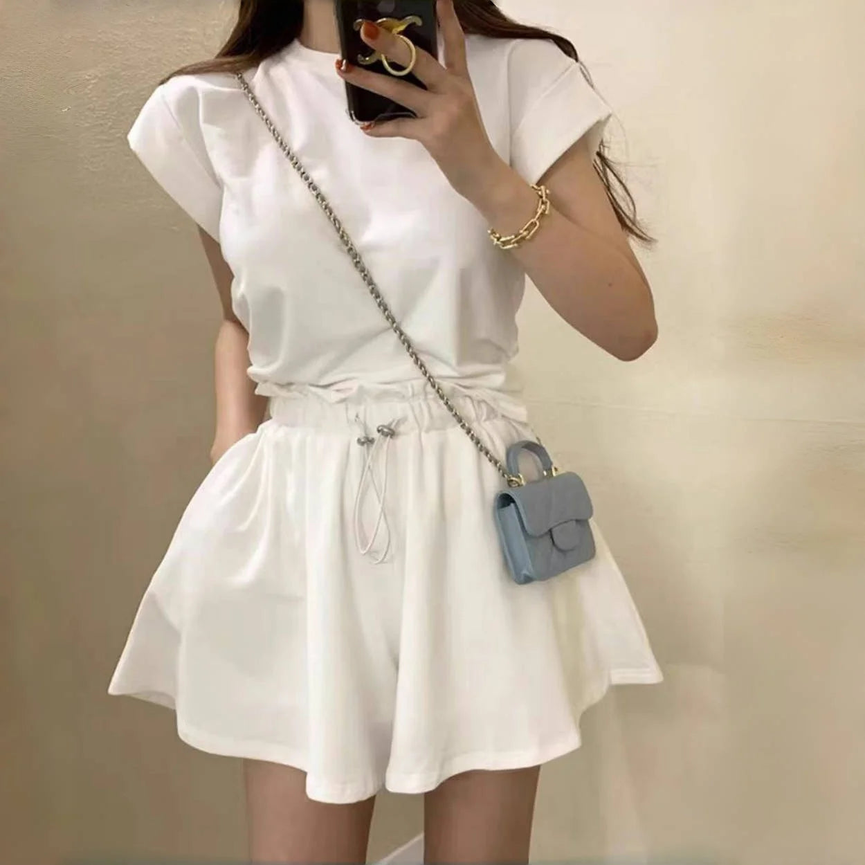 Chic Summer Women's T-Shirt And Wide Leg Shorts Two Piece Set Strap Design Short Sleeve round Neck Drawstring Top Bottom