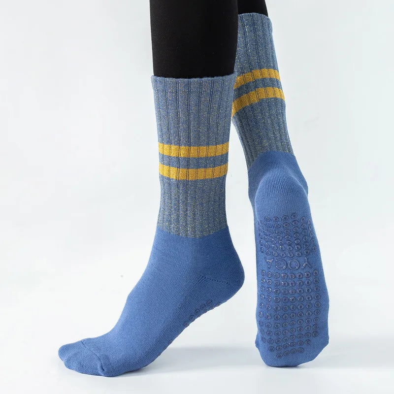 Yoga Socks with Grips Non Slip Middle Calf Golden Silver Silk Breathable Cotton Pilates Dance Fitness Sports Socks Outdoor