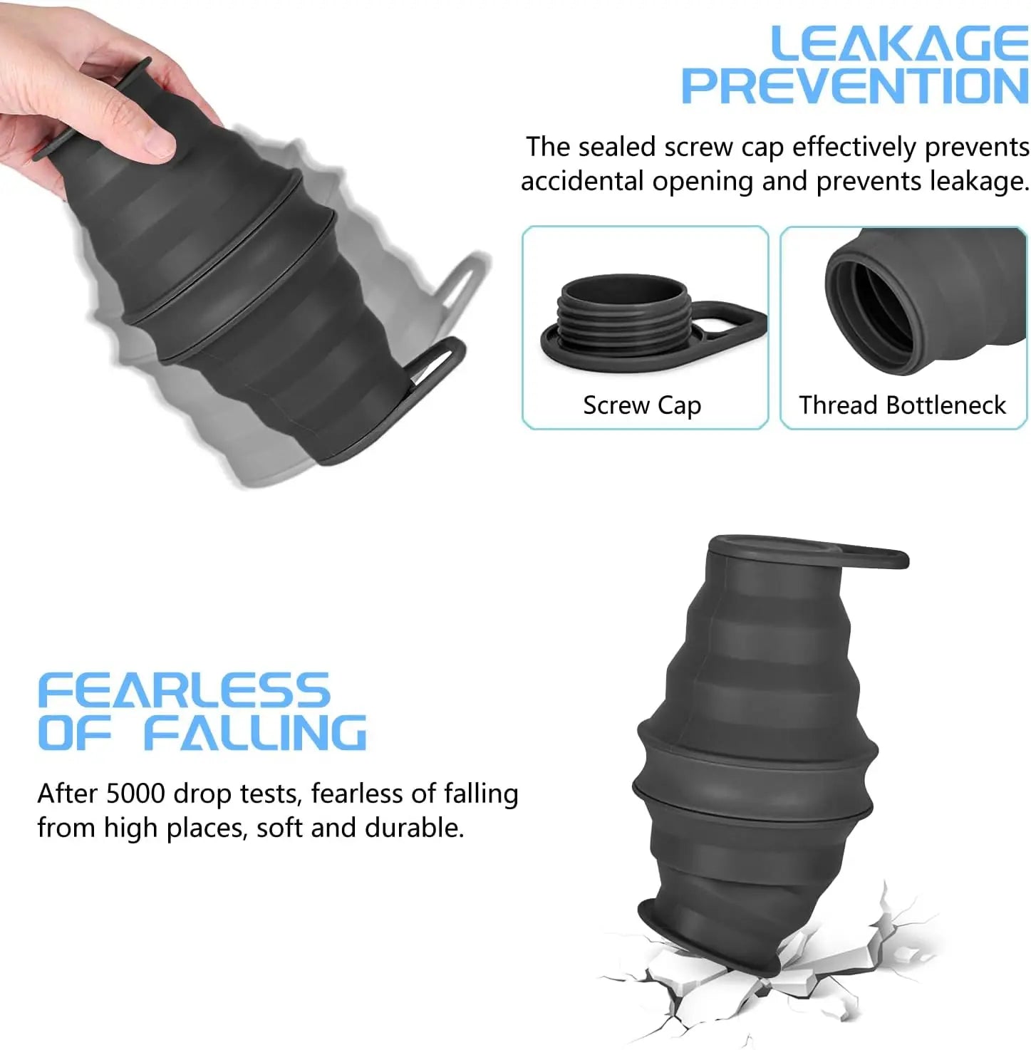 17oz Collapsible Water Bottle, BPA Free Silicone Foldable Bottle for Travel Gym Camping Hiking, Leak Proof with Carabiner